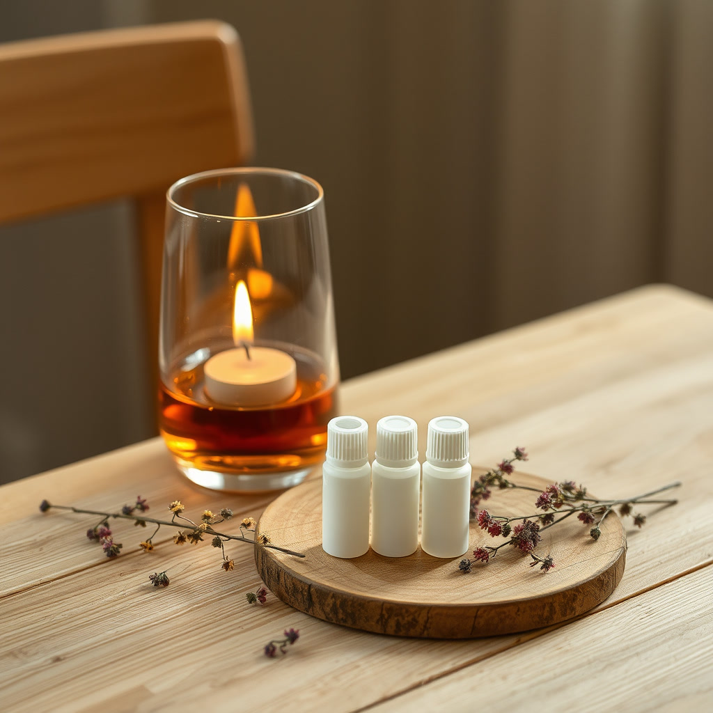 Fiole de verre et petits tubes de globules homéopathiques sur une table en bois clair, lumière chaude — évocation de la trousse familiale